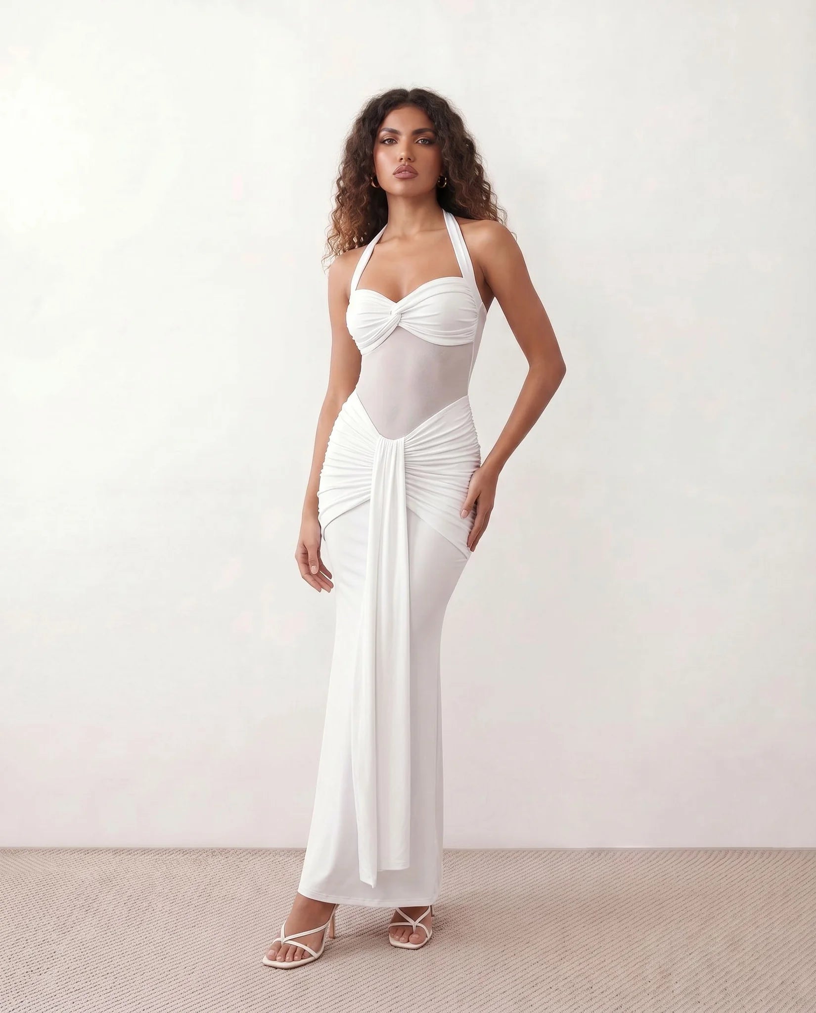 Micaela Cocktail Halter Maxi Dress in White — front view