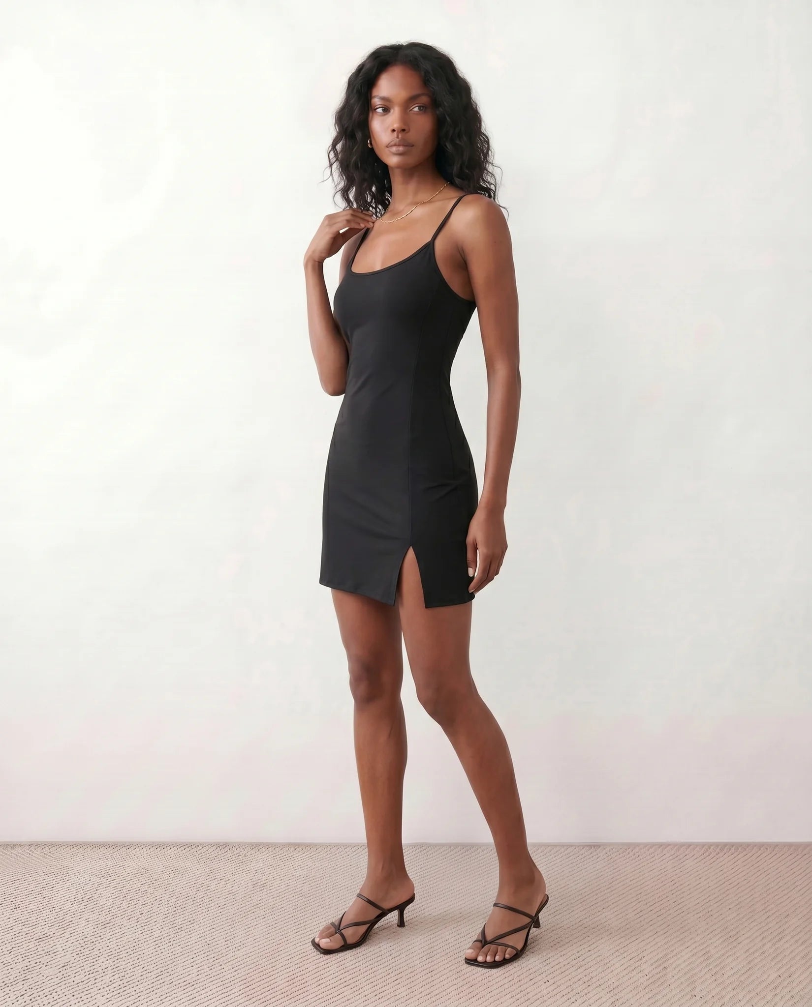 Noella Party Spaghetti Strap Mini Dress in Black — side view