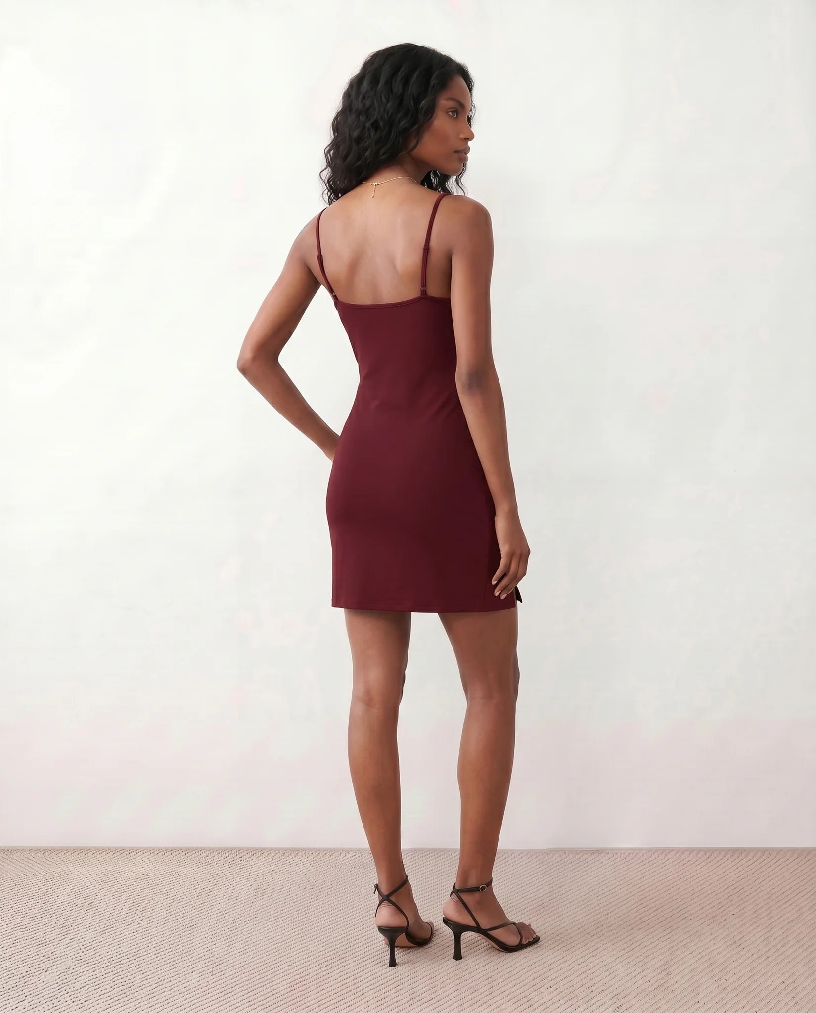 Noella Party Spaghetti Strap Mini Dress in Burgundy — back view