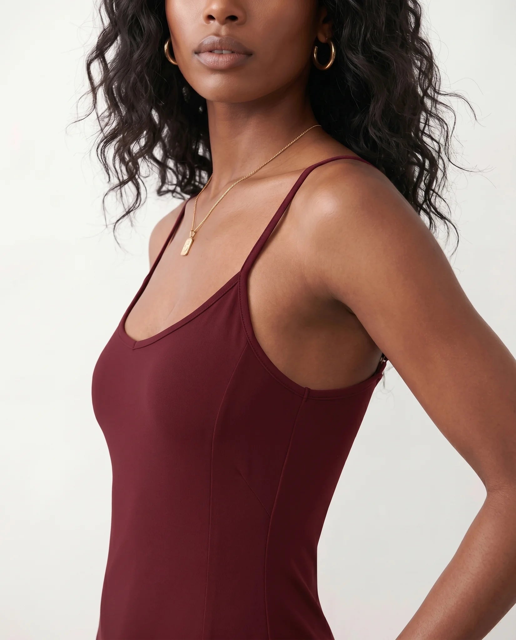 Noella Party Spaghetti Strap Mini Dress in Burgundy — detail close-up