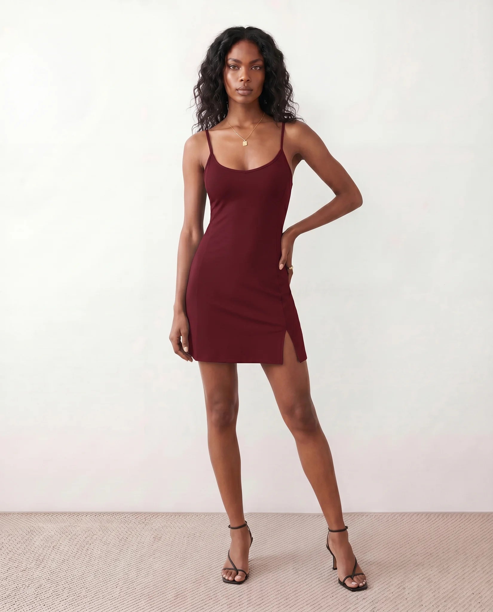 Noella Party Spaghetti Strap Mini Dress in Burgundy — front view