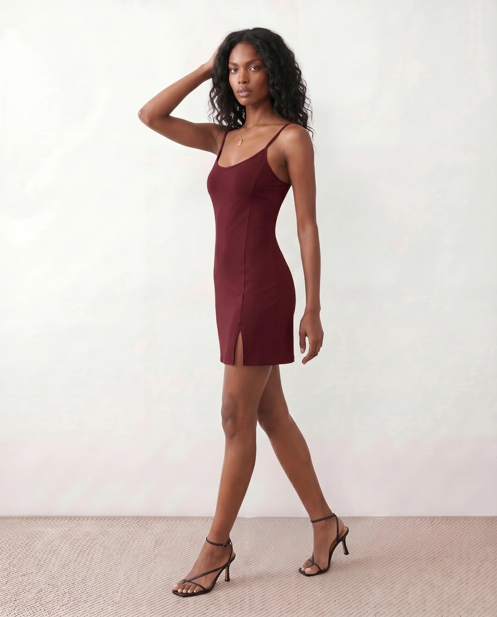 Noella Party Spaghetti Strap Mini Dress in Burgundy — side view
