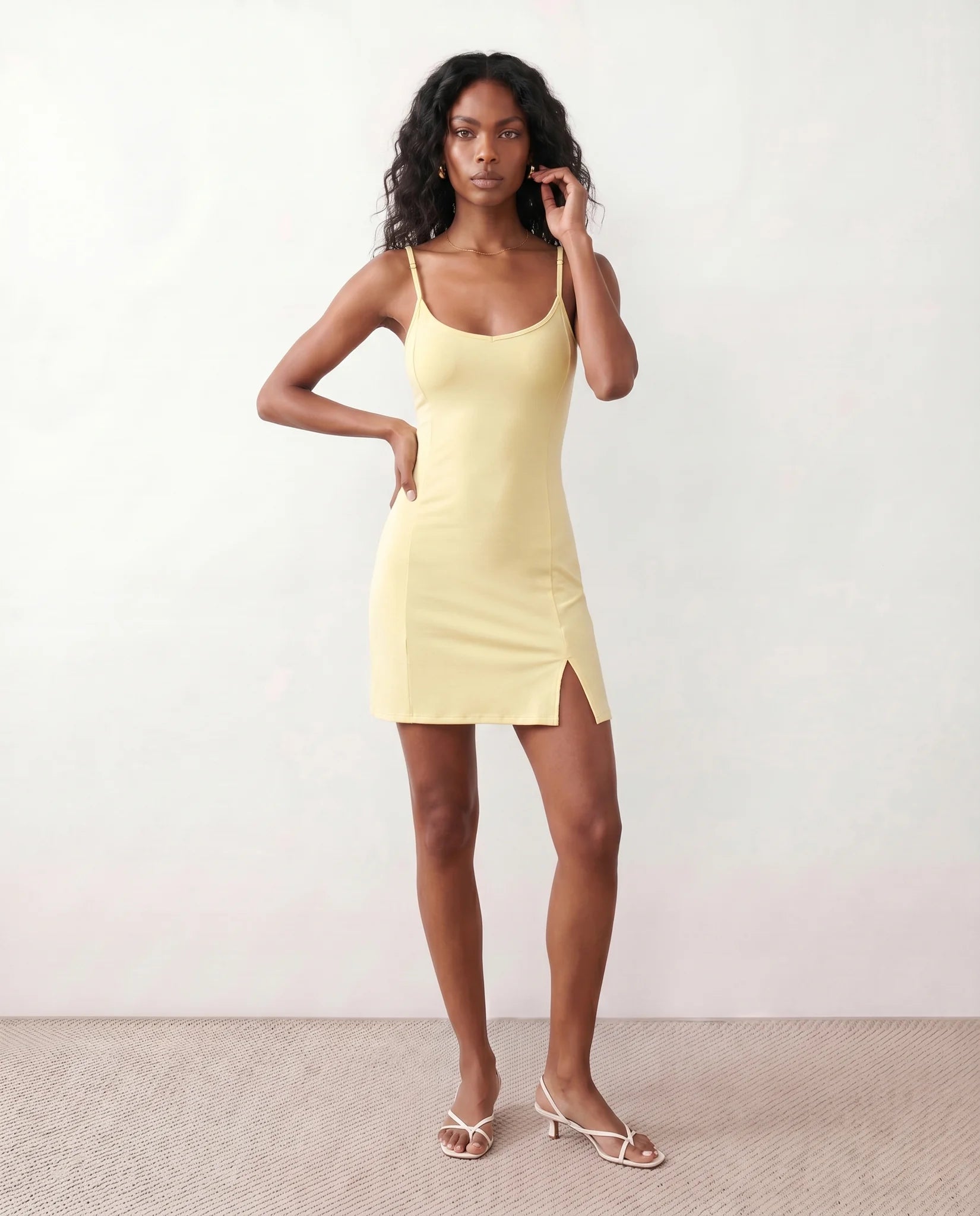 Noella Party Spaghetti Strap Mini Dress in Yellow — front view