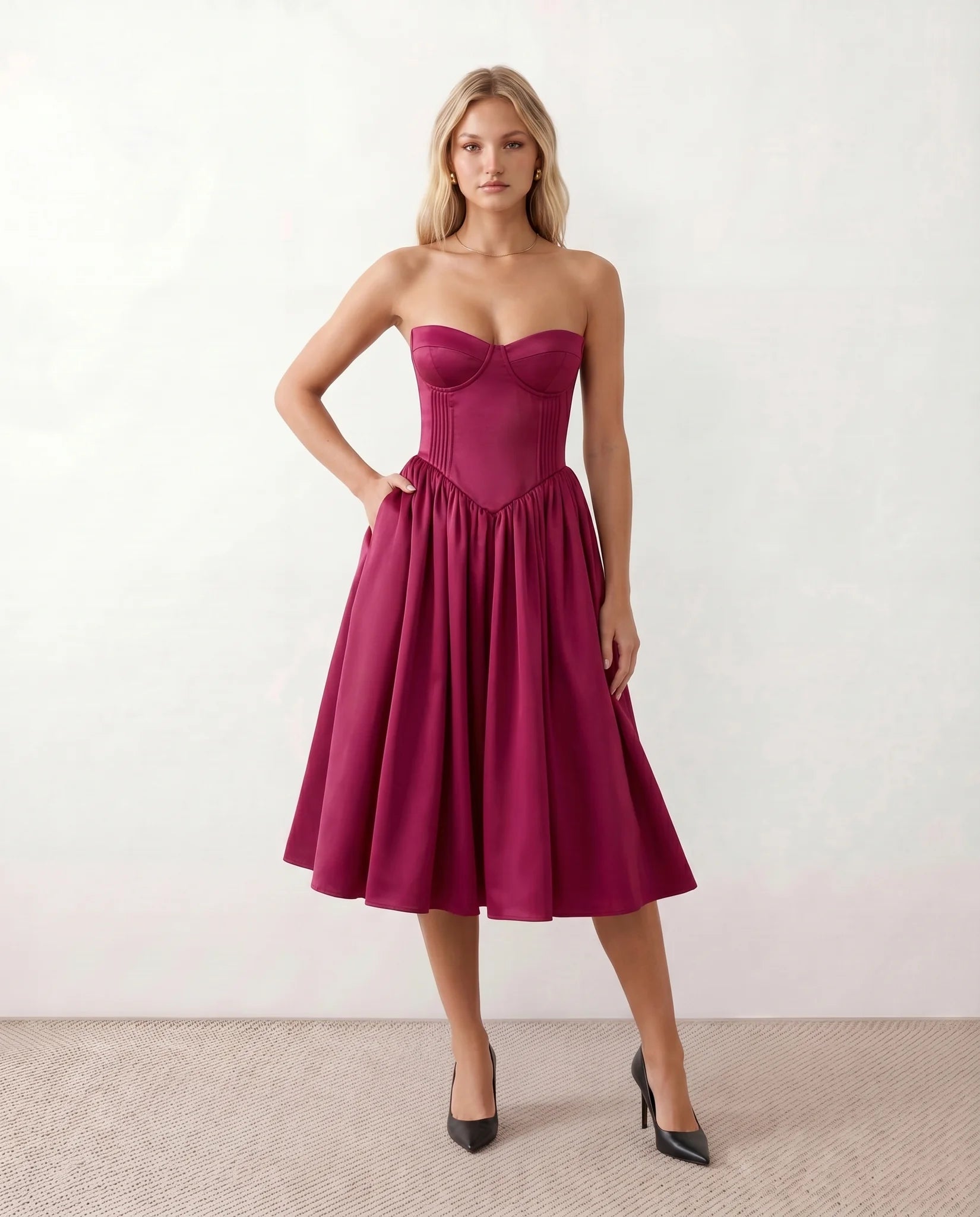 Vicenta Basque Waist Strapless Midi Dress in Burgundy — front view