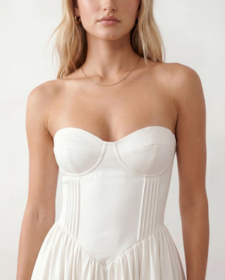 Vicenta Basque Waist Strapless Midi Dress in White — detail close-up