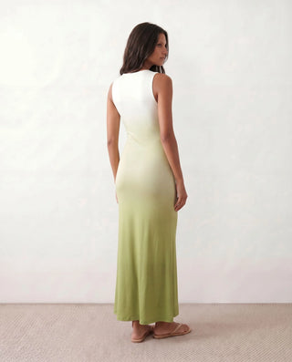 Ariana Plunge Neck Fitted Maxi Dress in Green — back view