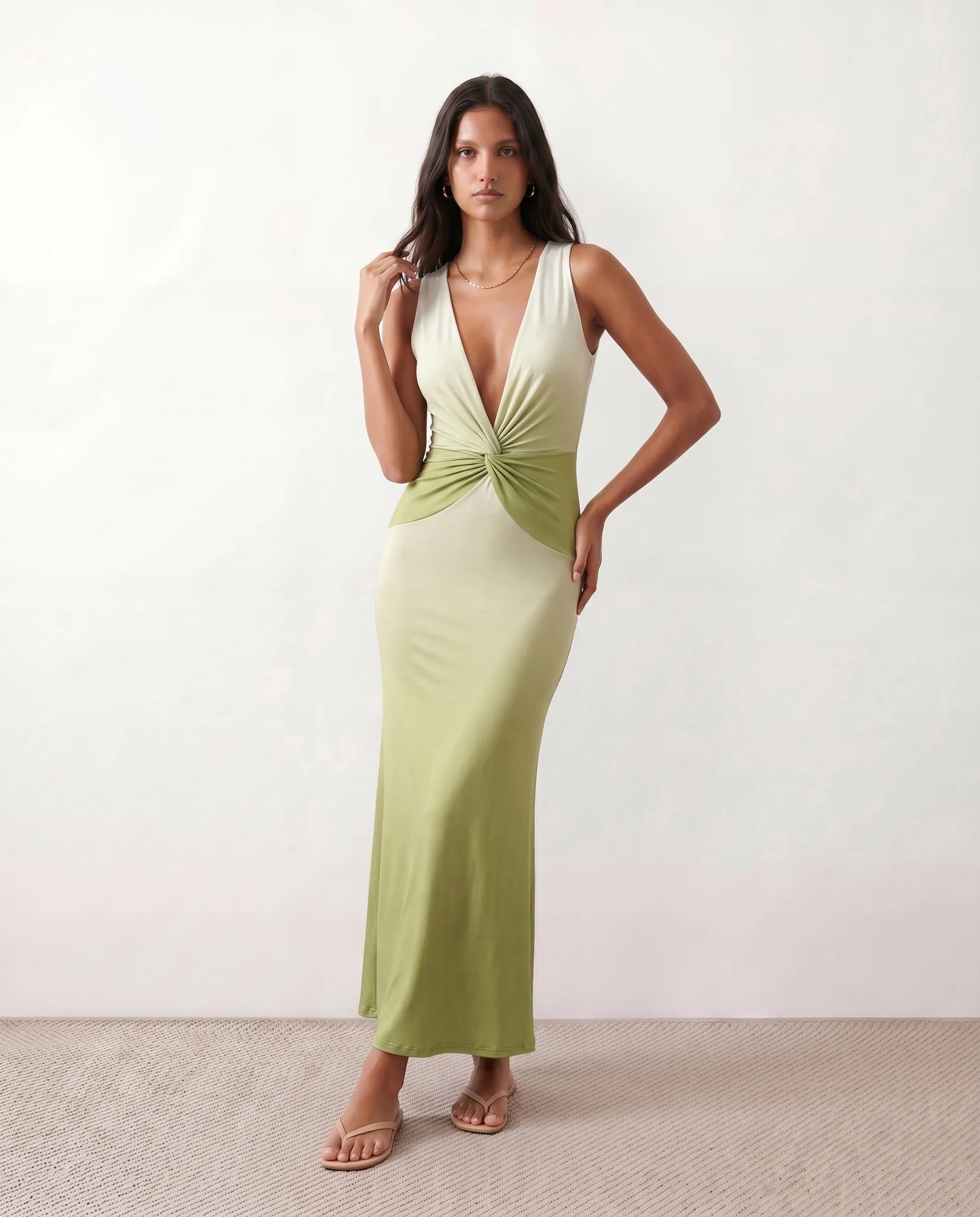 Ariana Plunge Neck Fitted Maxi Dress in Green — front view