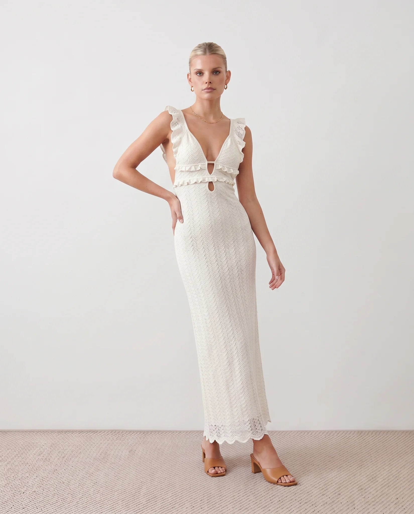 Raluca Cocktail Crochet Maxi Dress in Beige — front view
