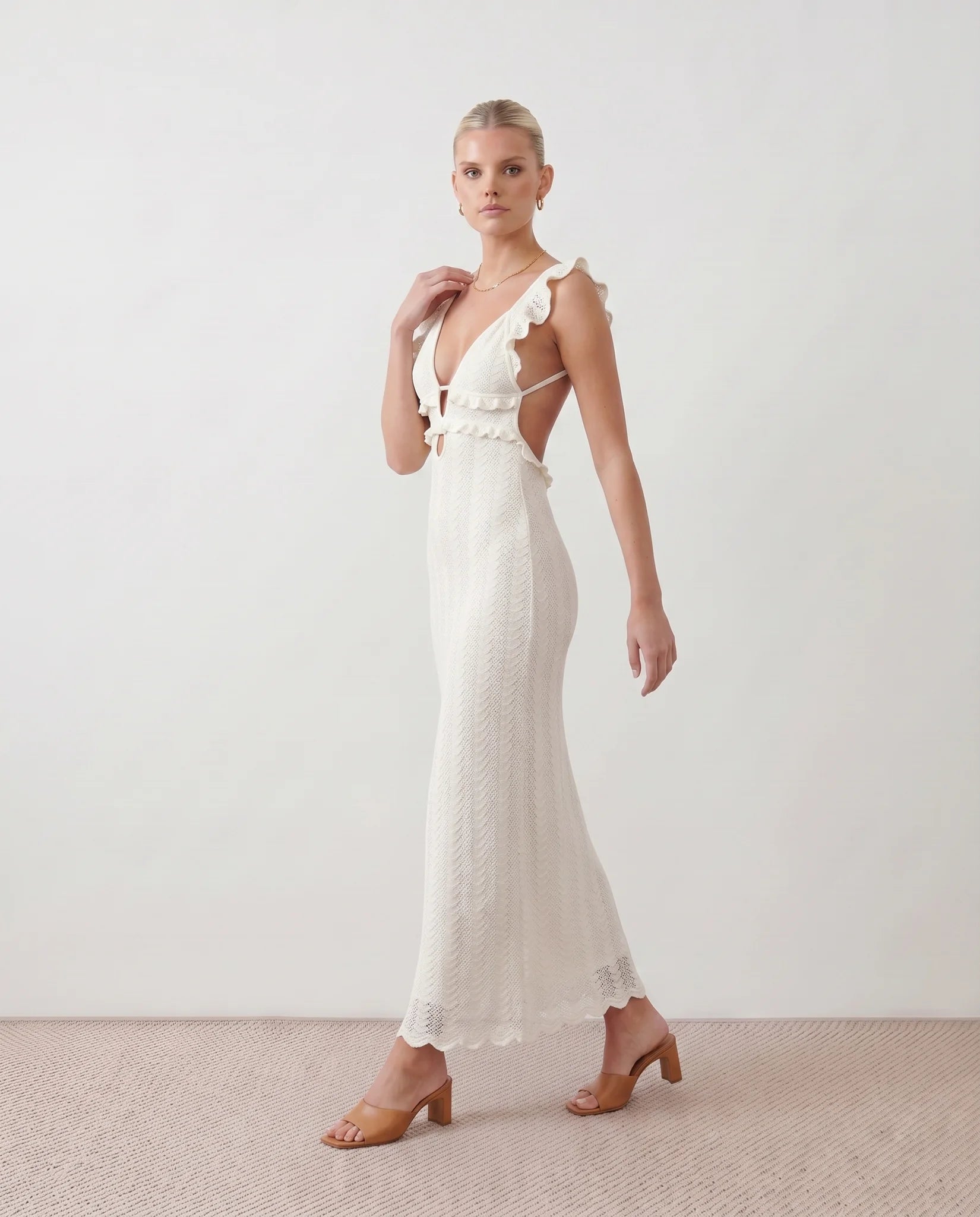 Raluca Cocktail Crochet Maxi Dress in Beige — side view