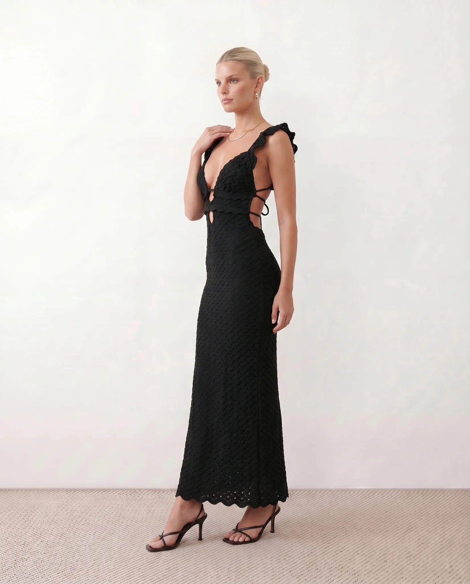 Raluca Cocktail Crochet Maxi Dress in Black — side view