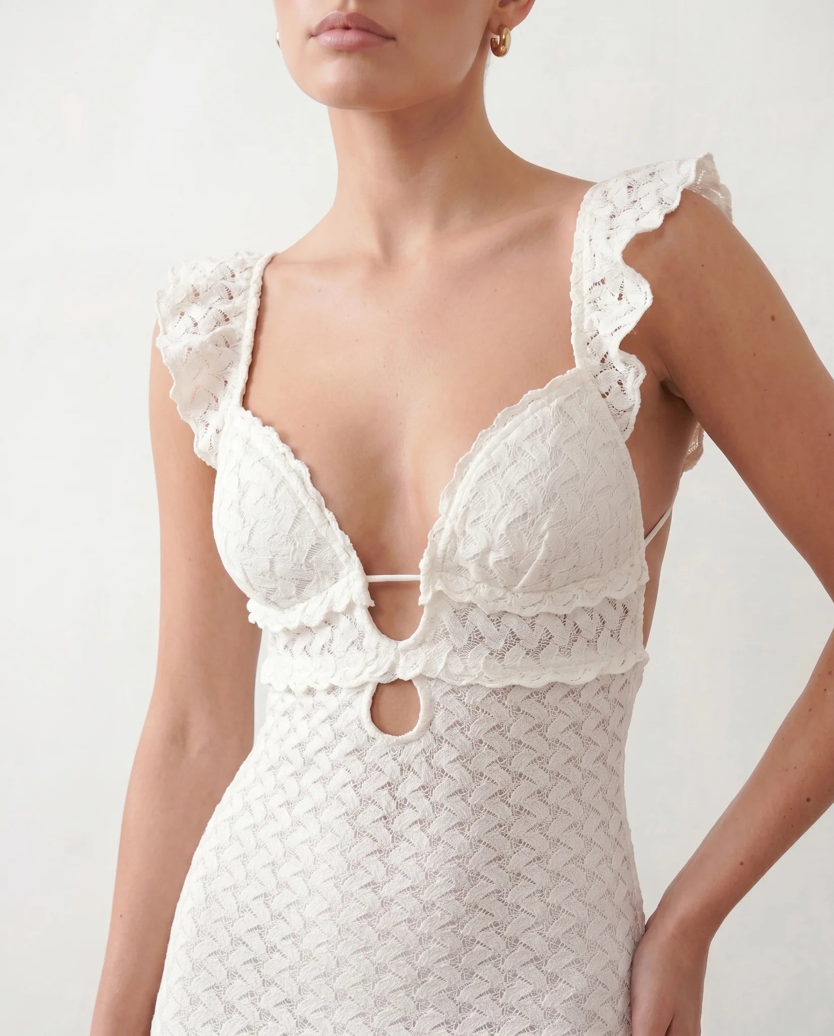 Raluca Cocktail Crochet Maxi Dress in White — detail close-up