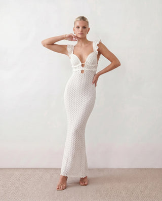 Raluca Cocktail Crochet Maxi Dress in White — front view