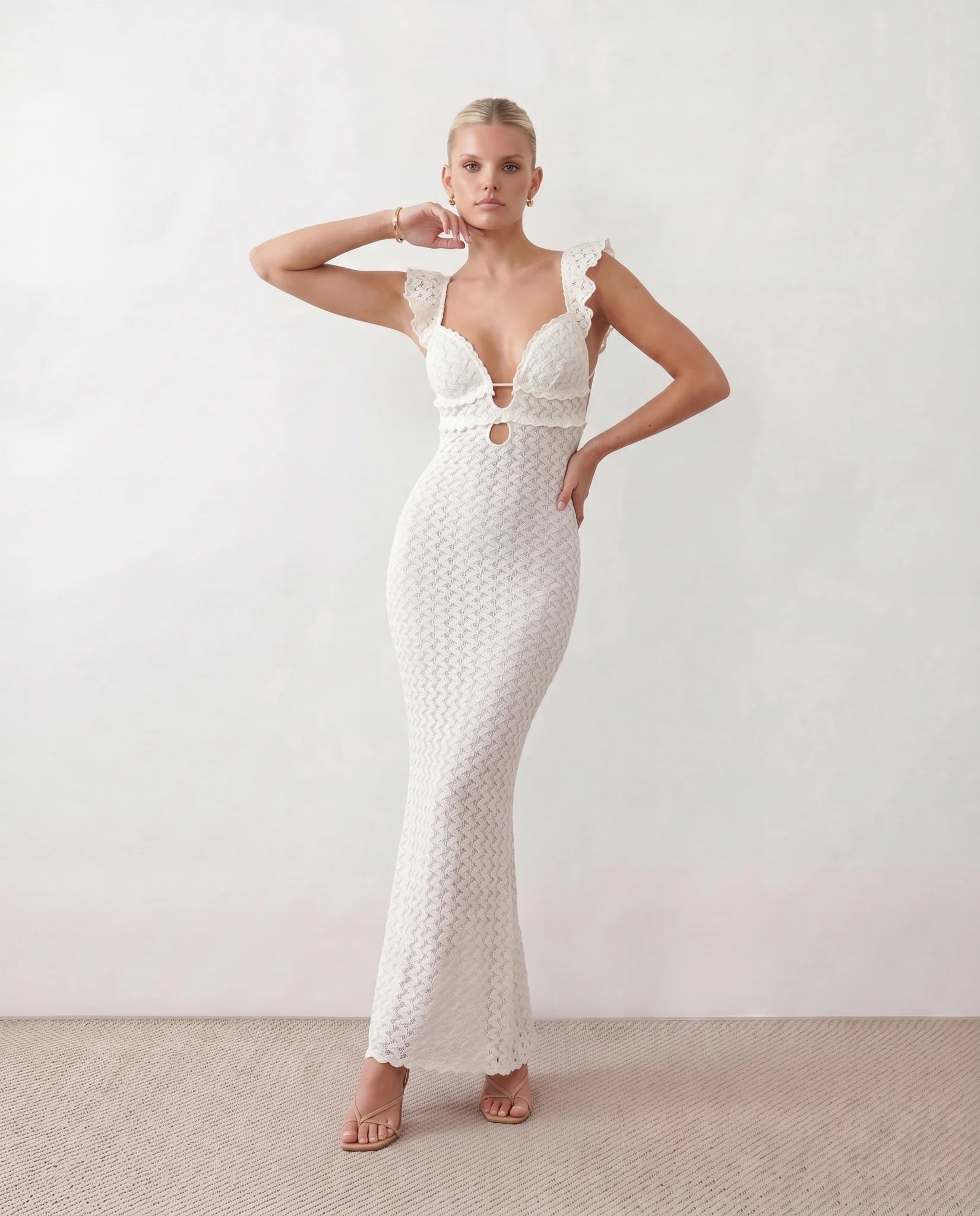 Raluca Cocktail Crochet Maxi Dress in White — front view