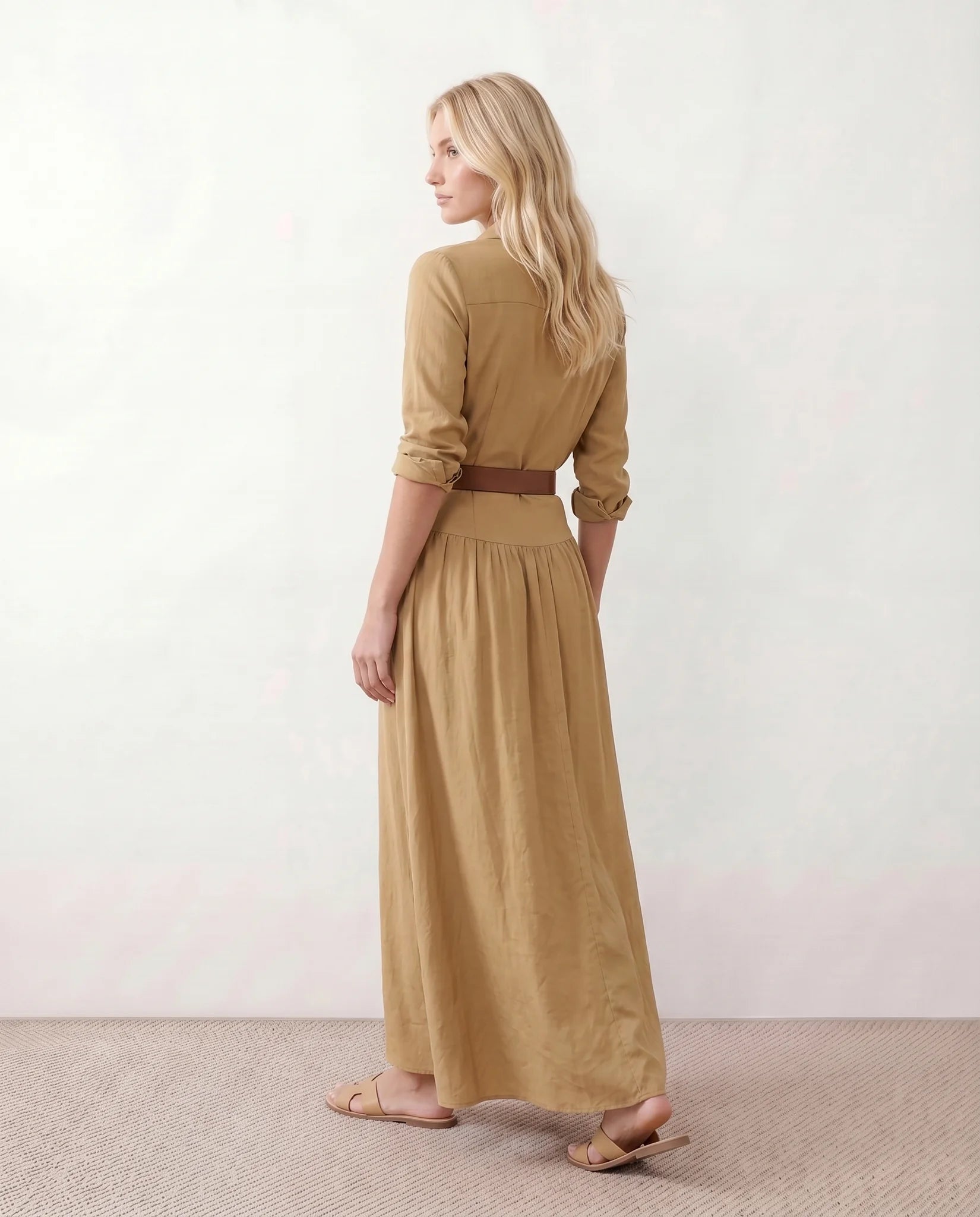 Julieta V-Neck Button Front Maxi Dress in Beige — back view