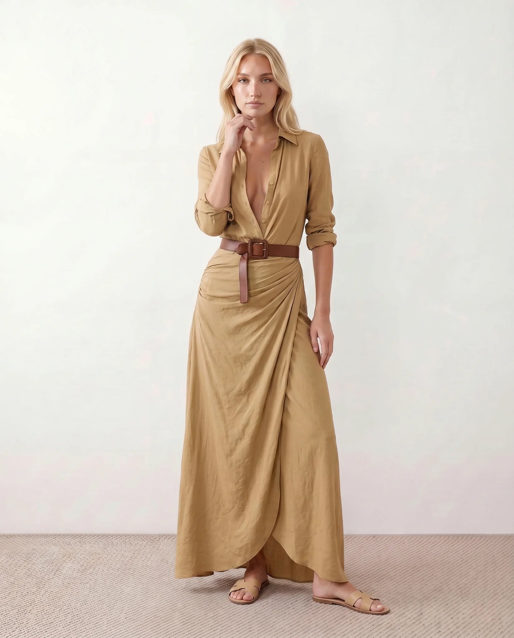 Julieta V-Neck Button Front Maxi Dress in Beige — front view