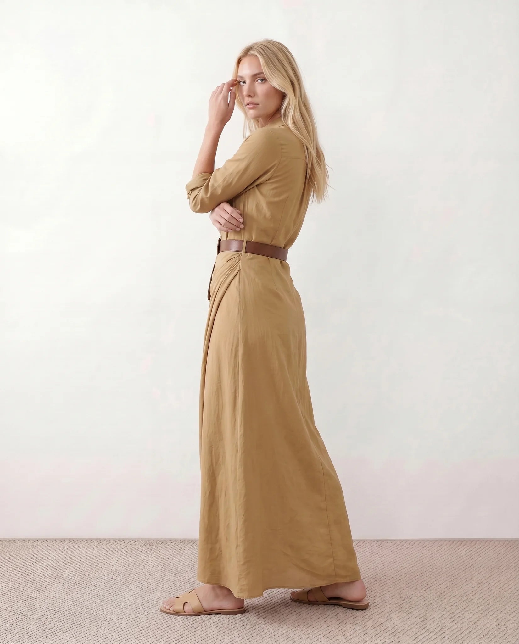 Julieta V-Neck Button Front Maxi Dress in Beige — side view