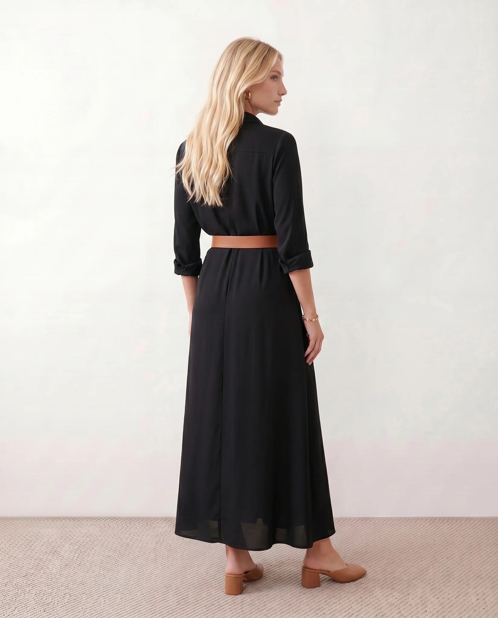 Julieta V-Neck Button Front Maxi Dress in Black — back view