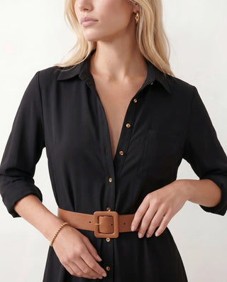 Julieta V-Neck Button Front Maxi Dress in Black — detail close-up