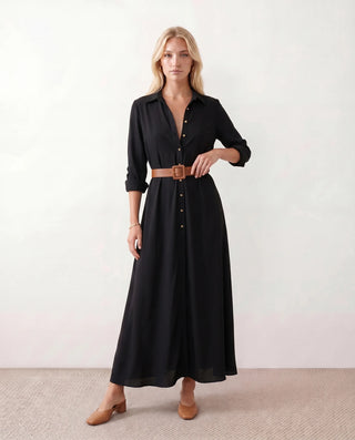 Julieta V-Neck Button Front Maxi Dress in Black — front view