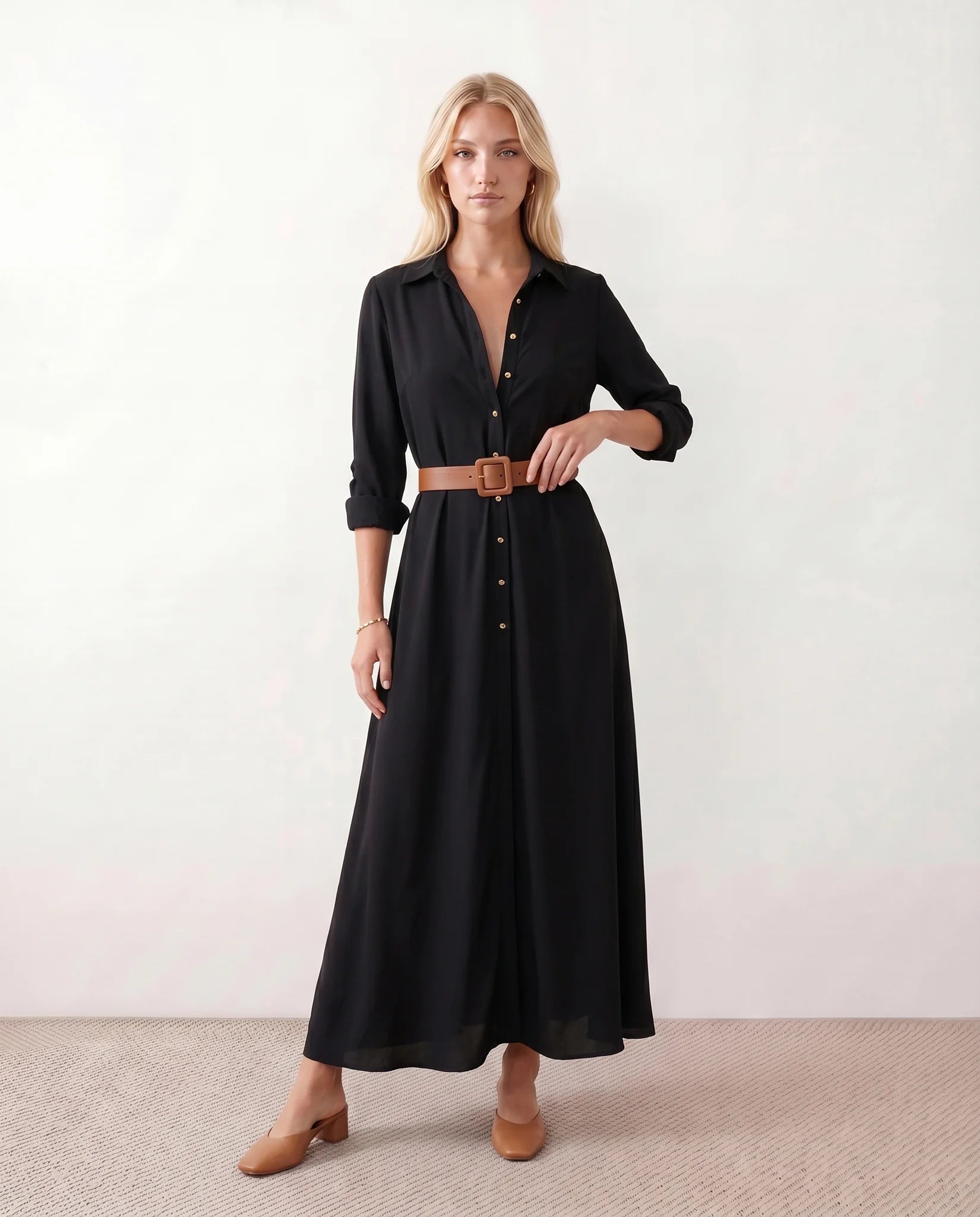 Julieta V-Neck Button Front Maxi Dress in Black — front view