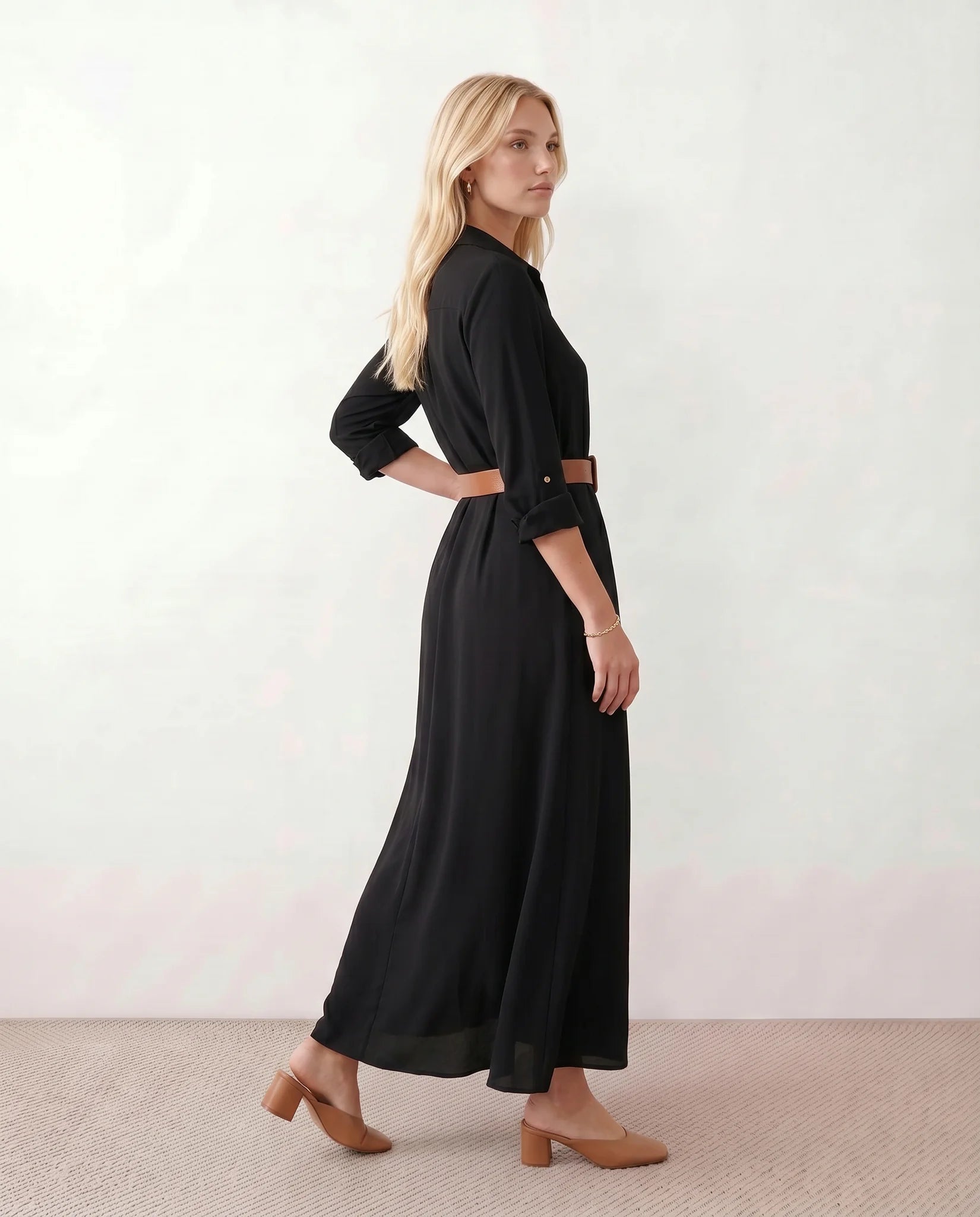 Julieta V-Neck Button Front Maxi Dress in Black — side view