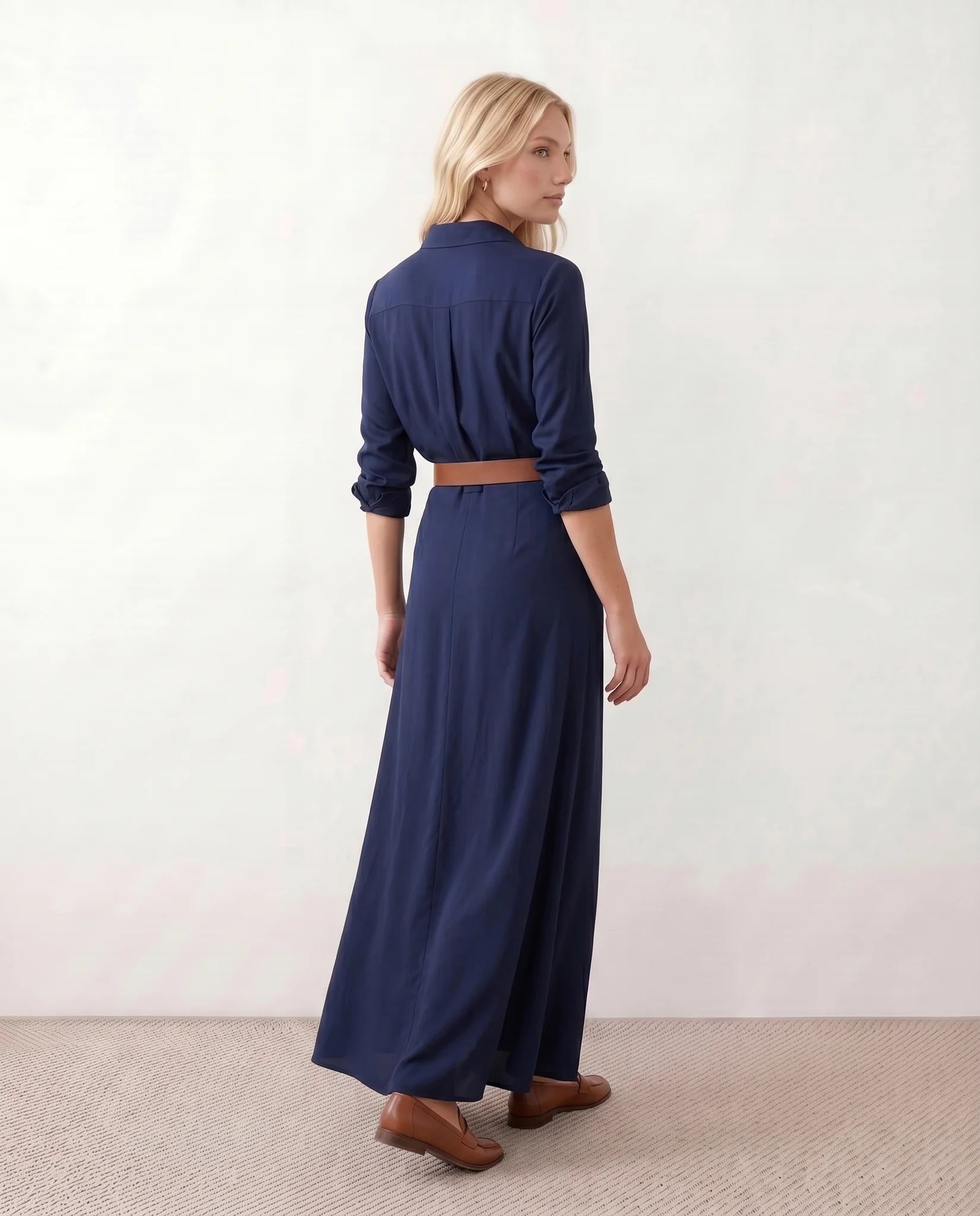 Julieta V-Neck Button Front Maxi Dress in Navy — back view