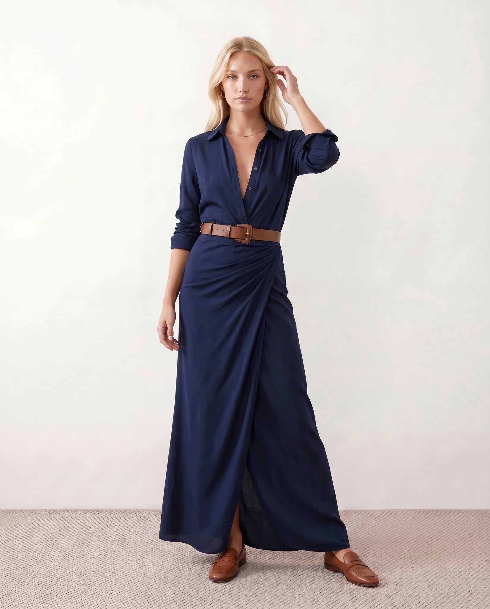 Julieta V-Neck Button Front Maxi Dress in Navy — front view
