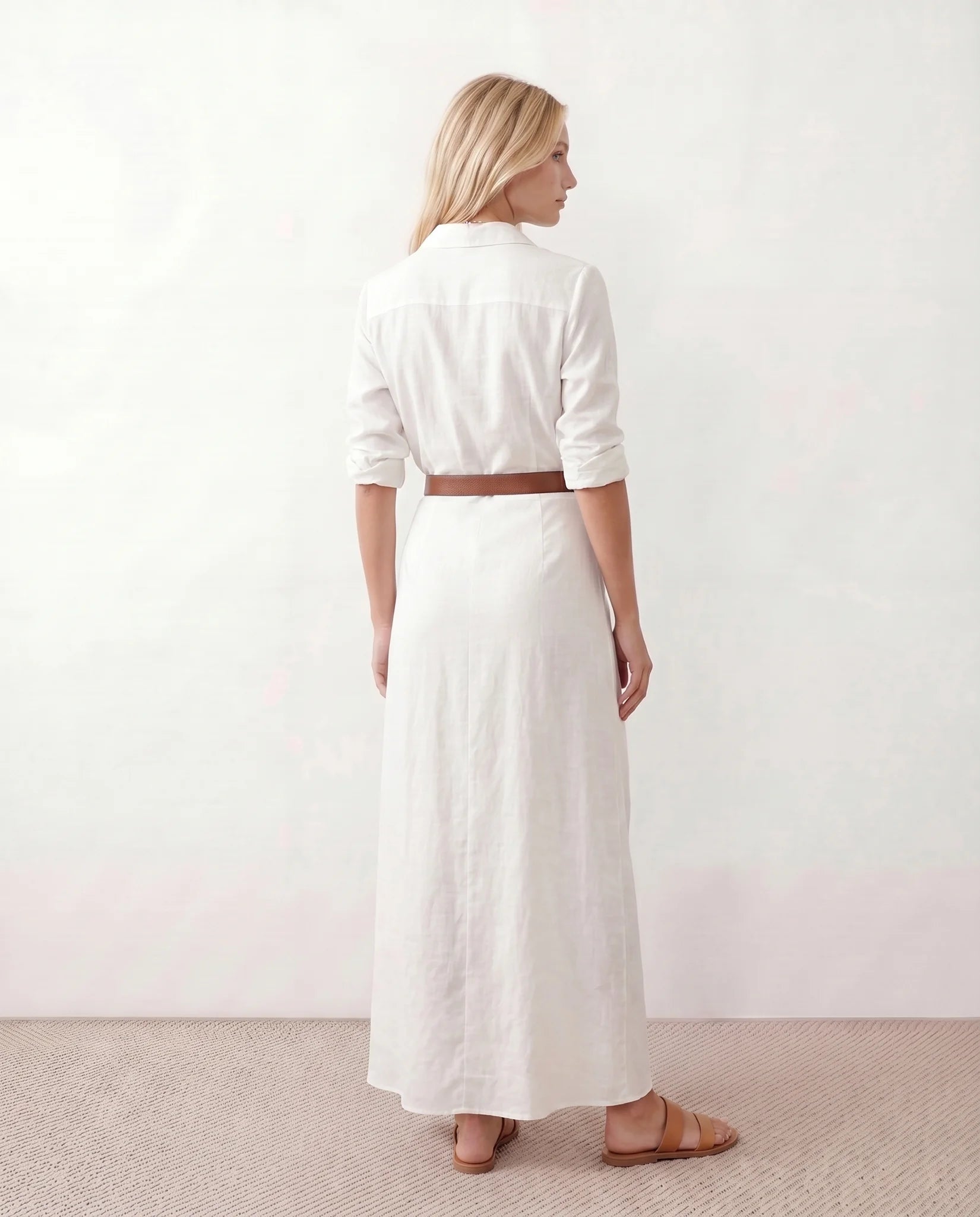 Julieta V-Neck Button Front Maxi Dress in White — back view