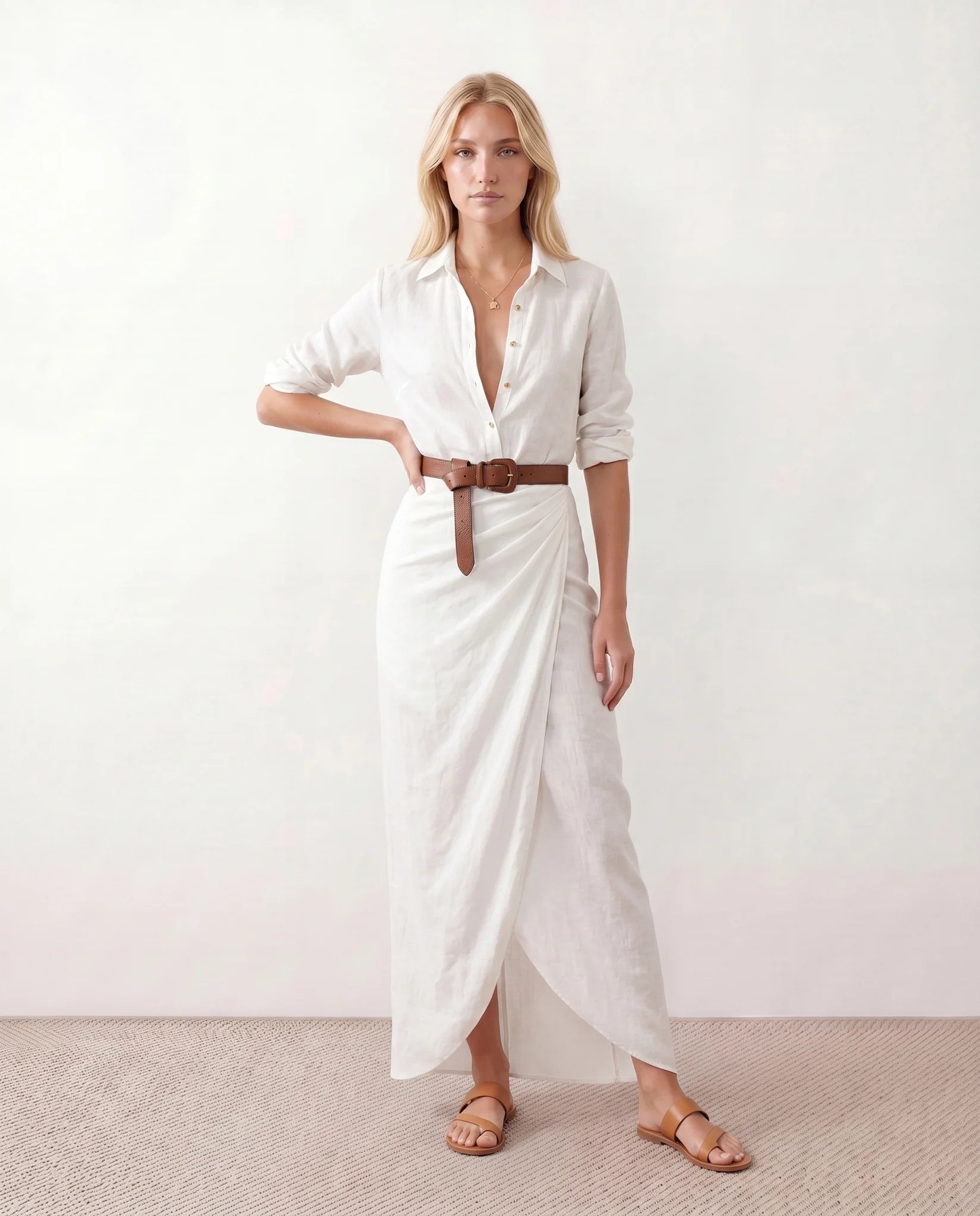 Julieta V-Neck Button Front Maxi Dress in White — front view