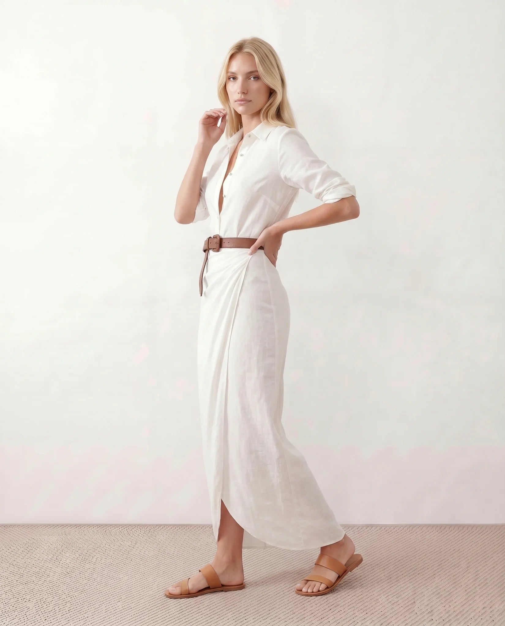 Julieta V-Neck Button Front Maxi Dress in White — side view