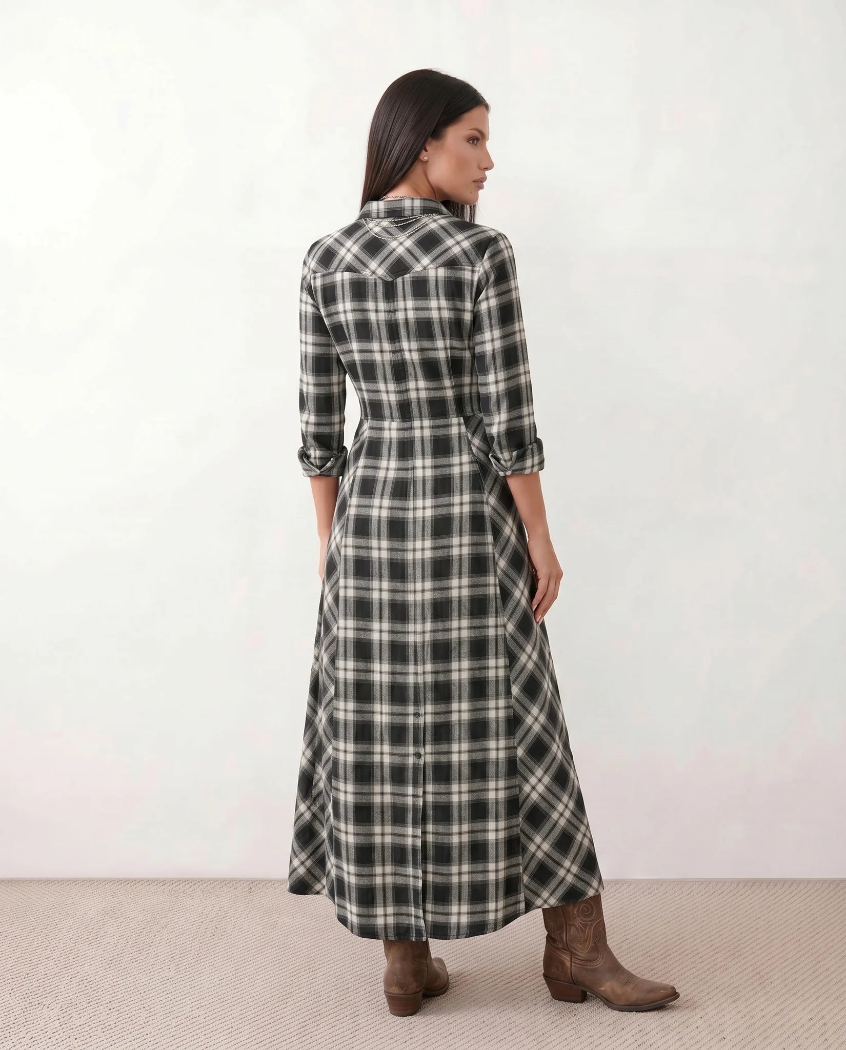 Marilena V-Neck Button Front Maxi Dress in Plaid Black — back view