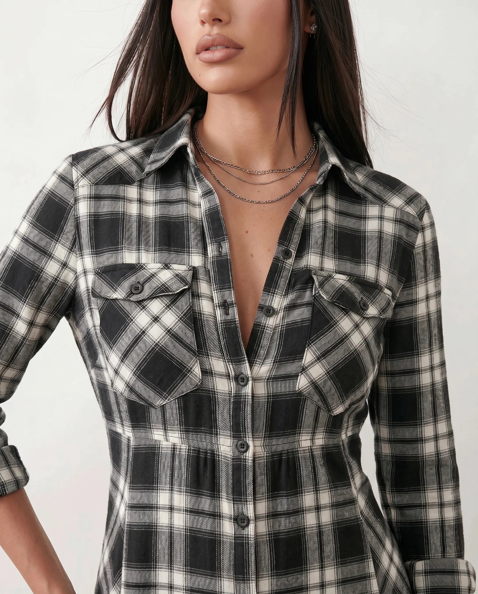 Marilena V-Neck Button Front Maxi Dress in Plaid Black — detail close-up