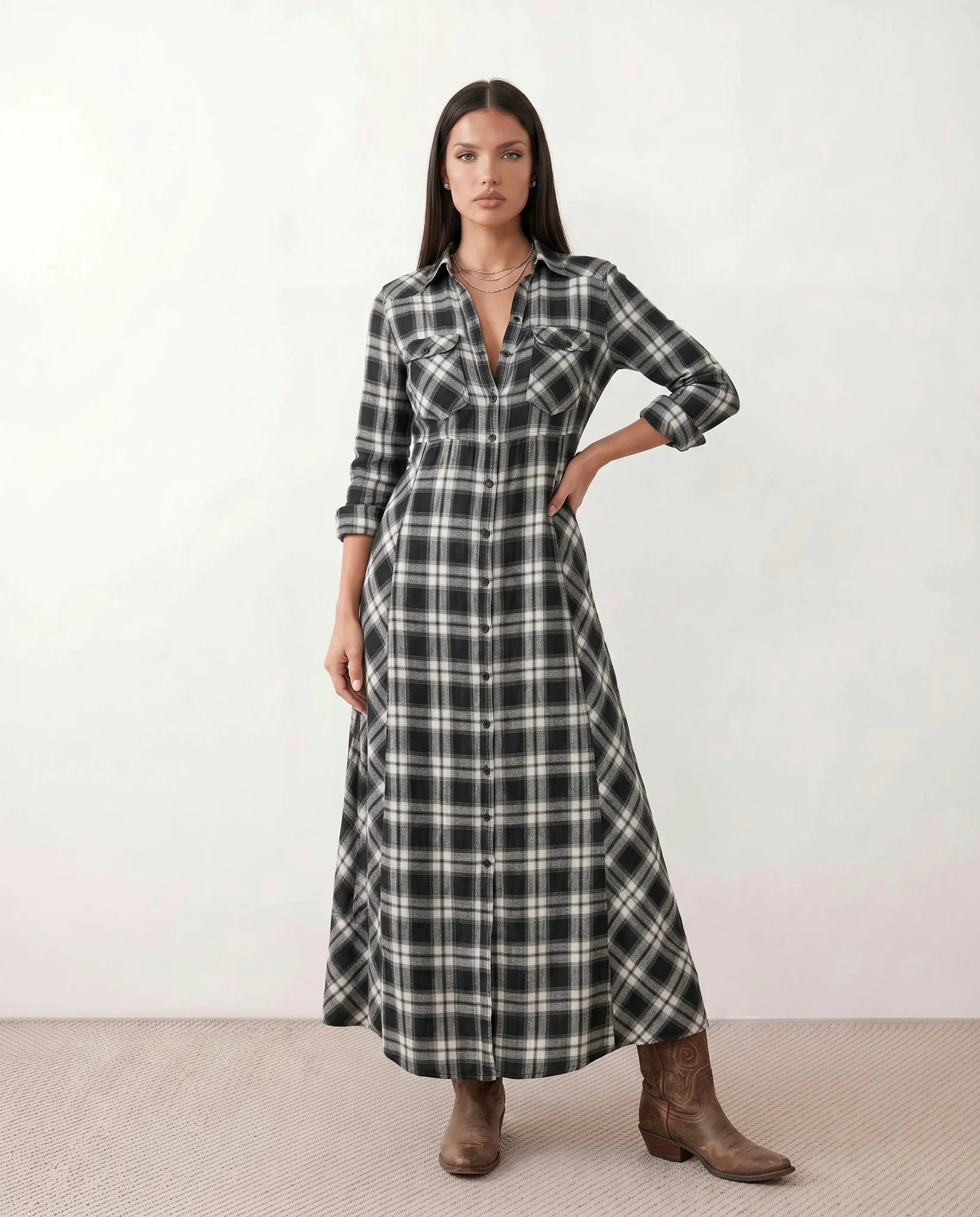 Marilena V-Neck Button Front Maxi Dress in Plaid Black — front view