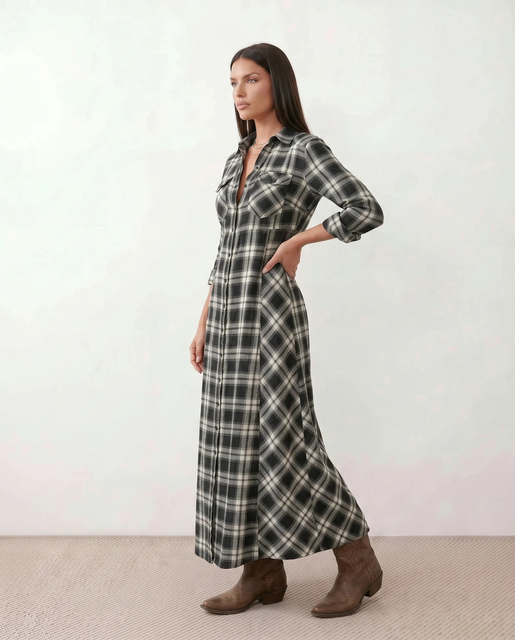 Marilena V-Neck Button Front Maxi Dress in Plaid Black — side view