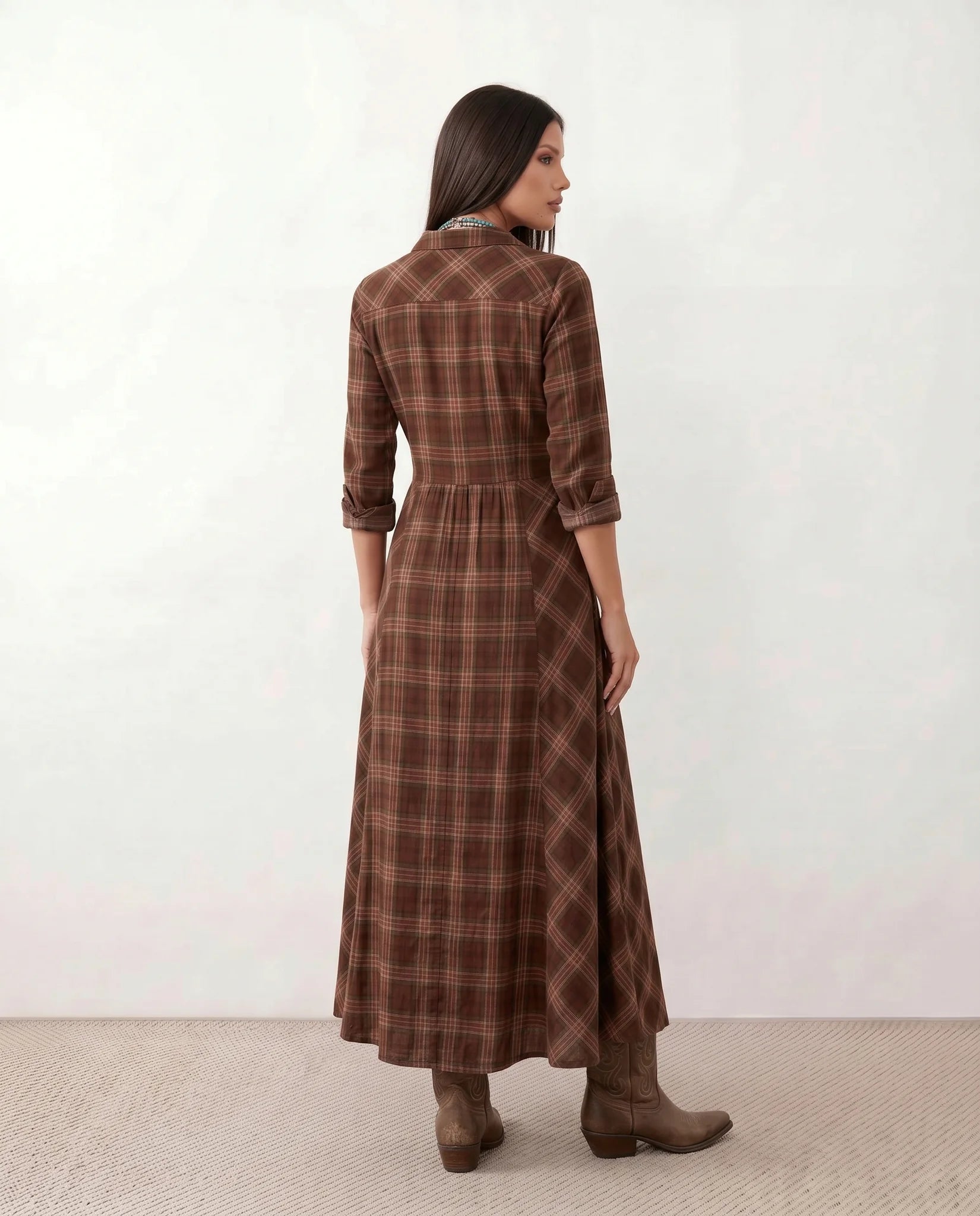 Marilena V-Neck Button Front Maxi Dress in Plaid Brown — back view