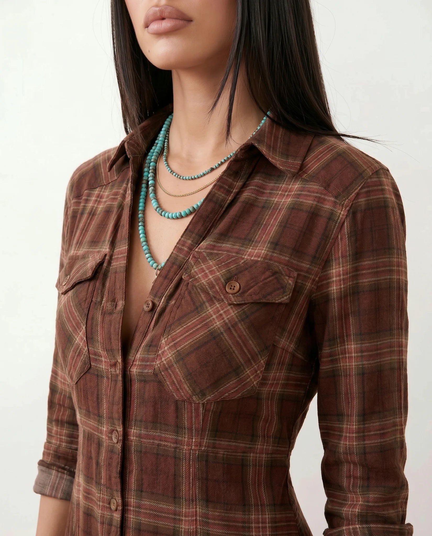 Marilena V-Neck Button Front Maxi Dress in Plaid Brown — detail close-up