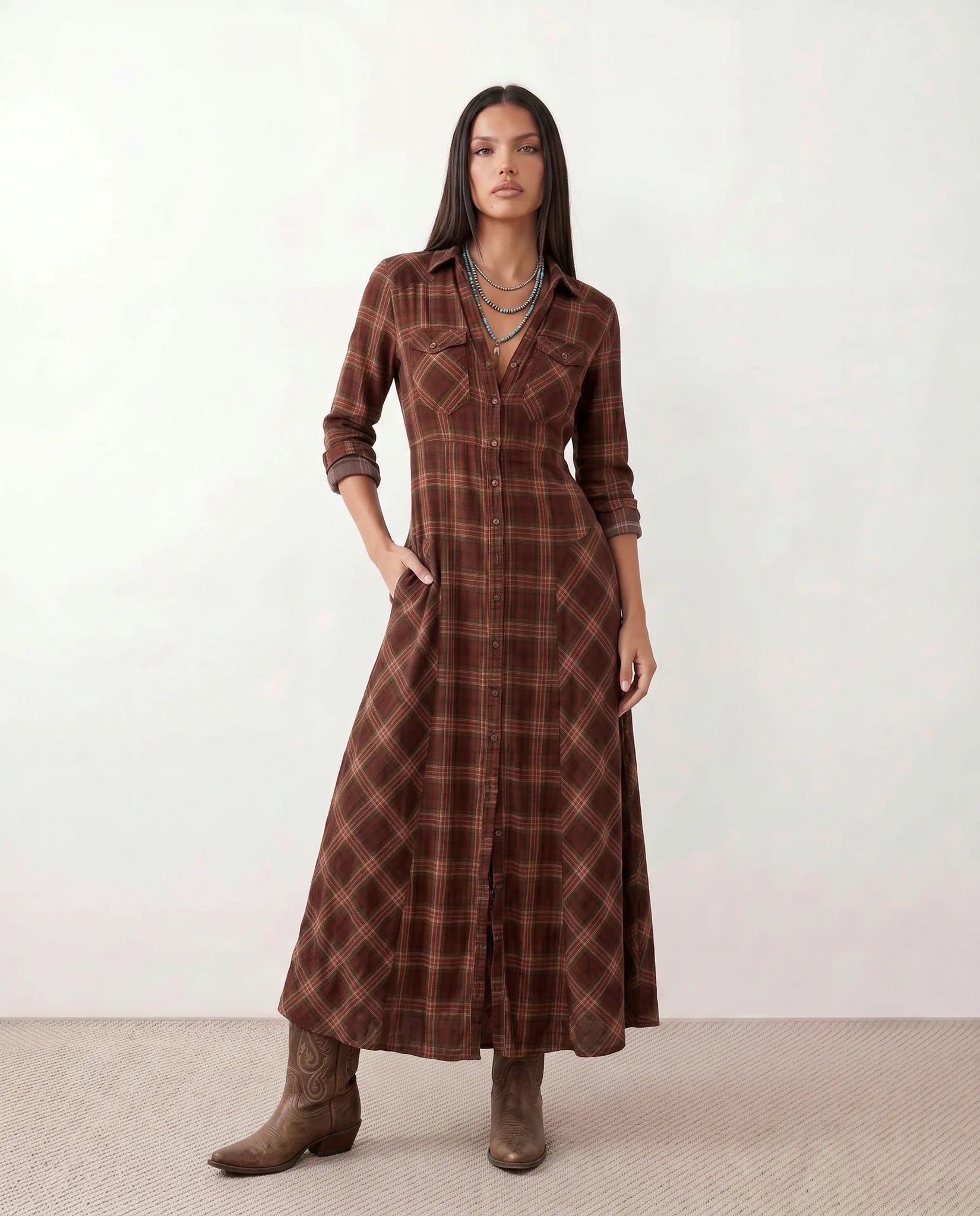 Marilena V-Neck Button Front Maxi Dress in Plaid Brown — front view