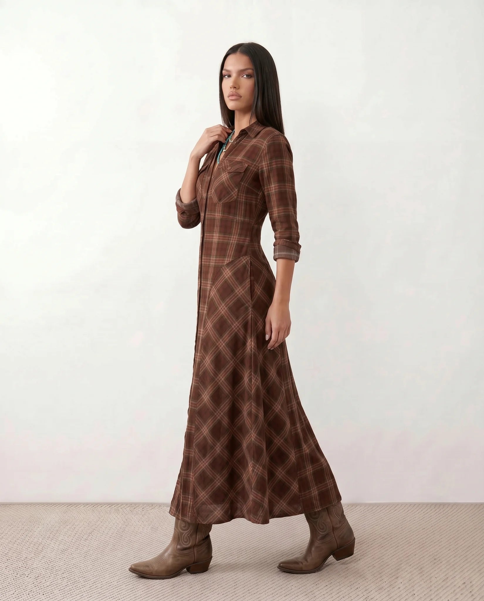 Marilena V-Neck Button Front Maxi Dress in Plaid Brown — side view
