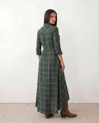 Marilena V-Neck Button Front Maxi Dress in Plaid Green — back view