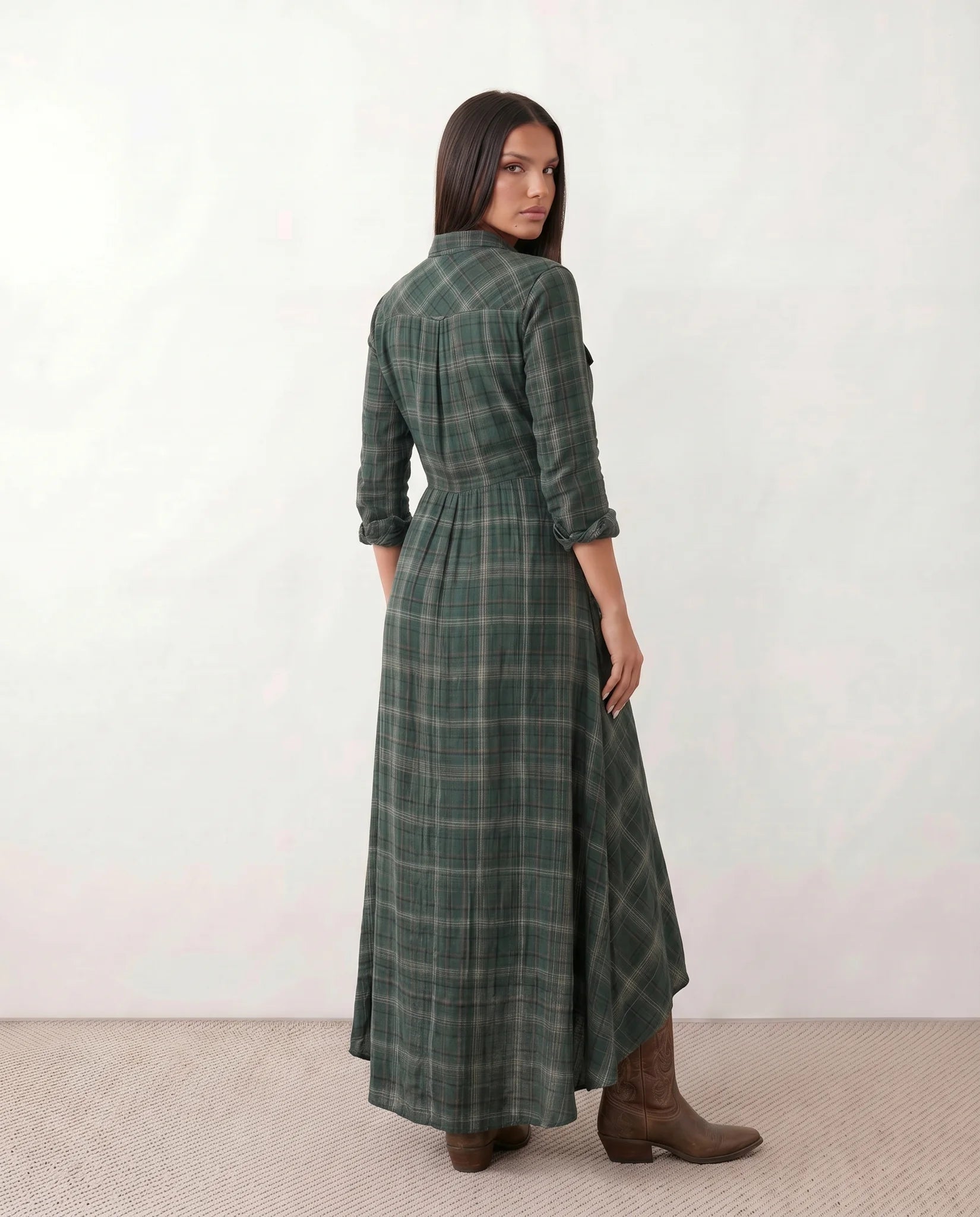 Marilena V-Neck Button Front Maxi Dress in Plaid Green — back view