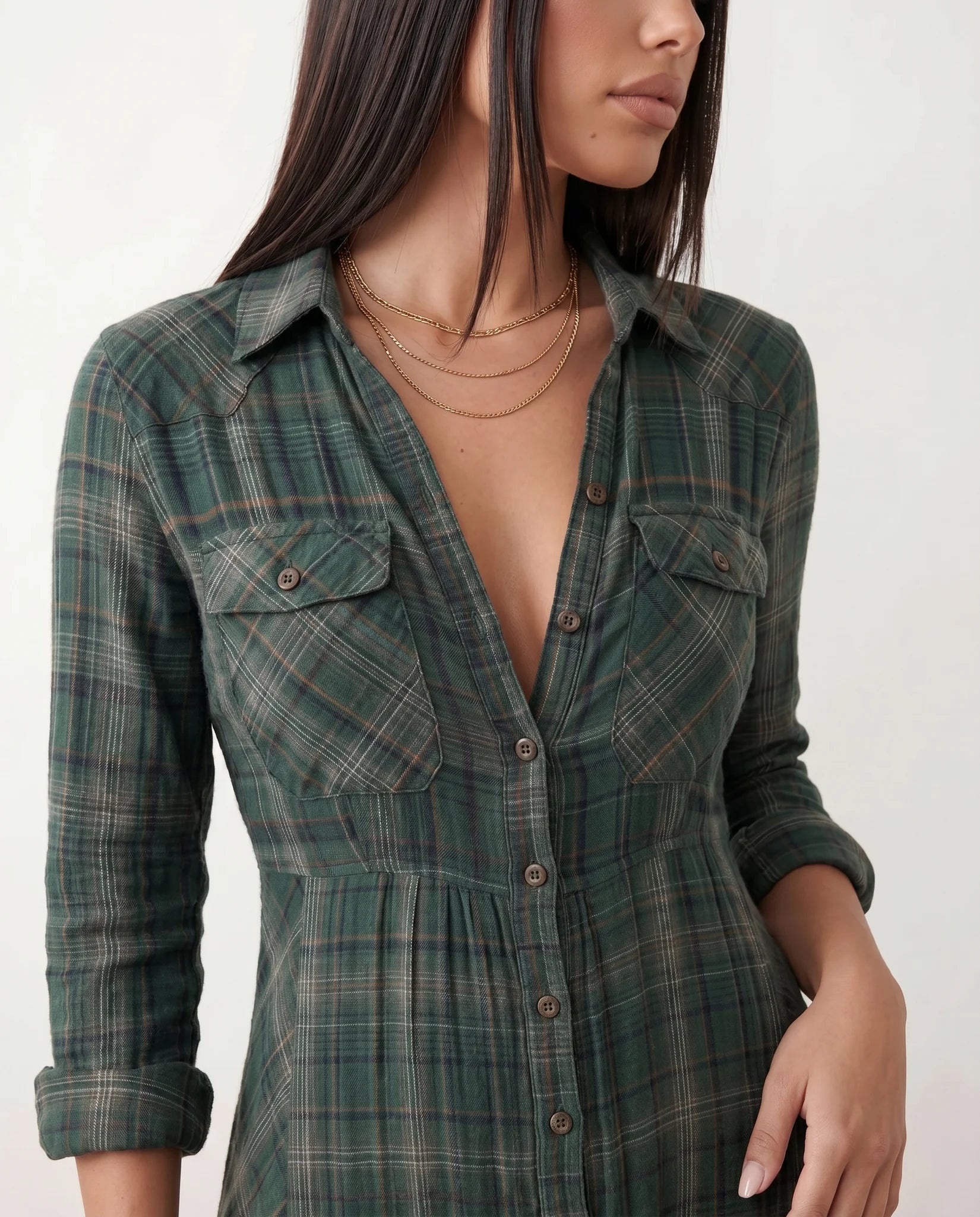 Marilena V-Neck Button Front Maxi Dress in Plaid Green — detail close-up
