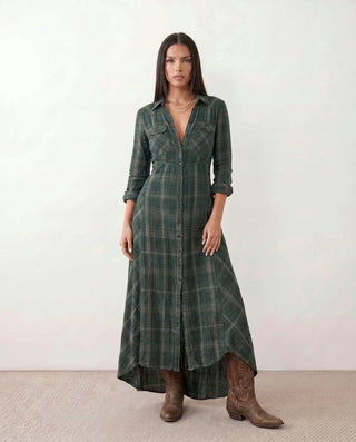 Marilena V-Neck Button Front Maxi Dress in Plaid Green — front view