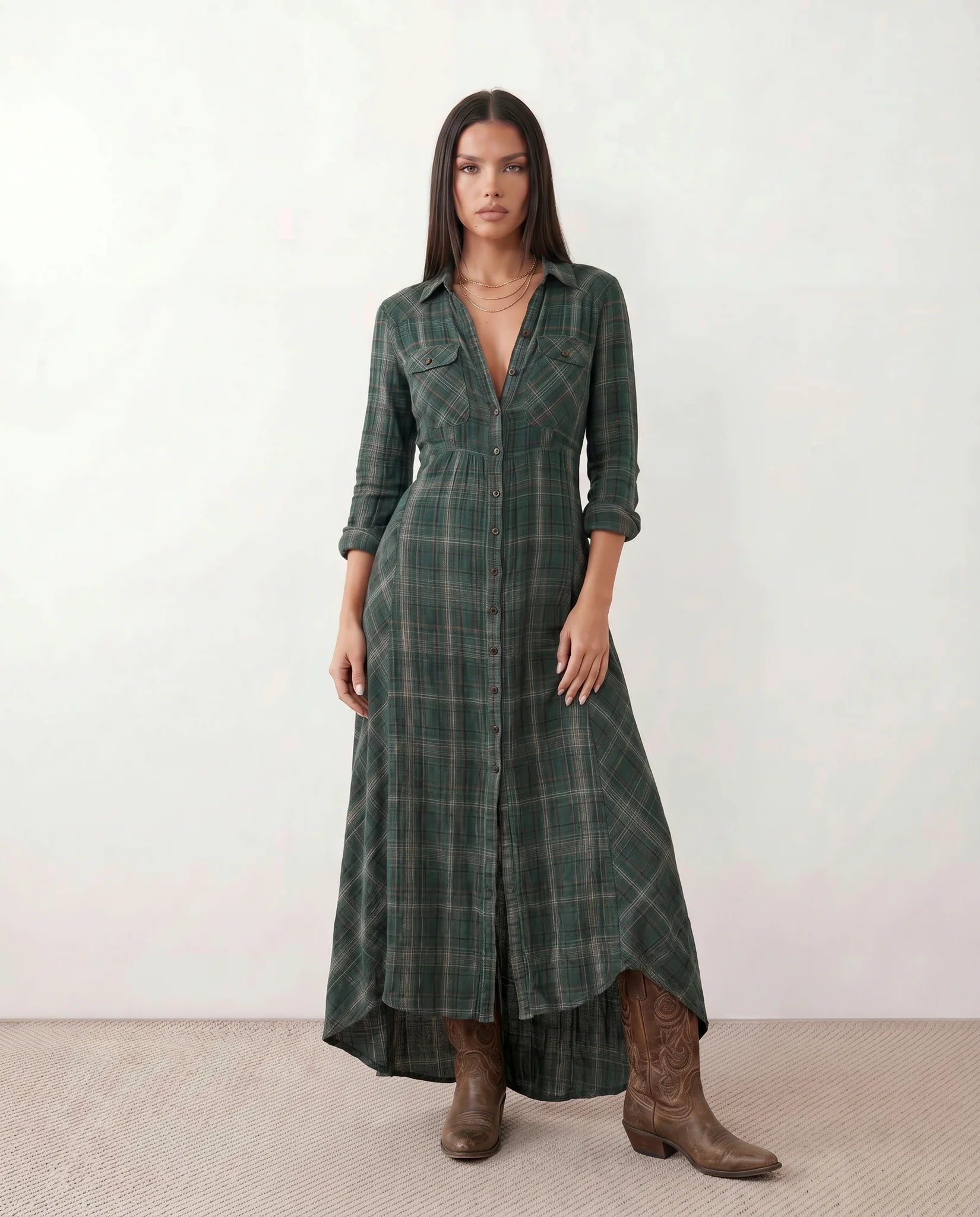 Marilena V-Neck Button Front Maxi Dress in Plaid Green — front view