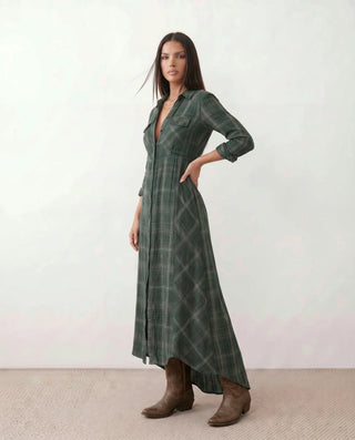 Marilena V-Neck Button Front Maxi Dress in Plaid Green — side view