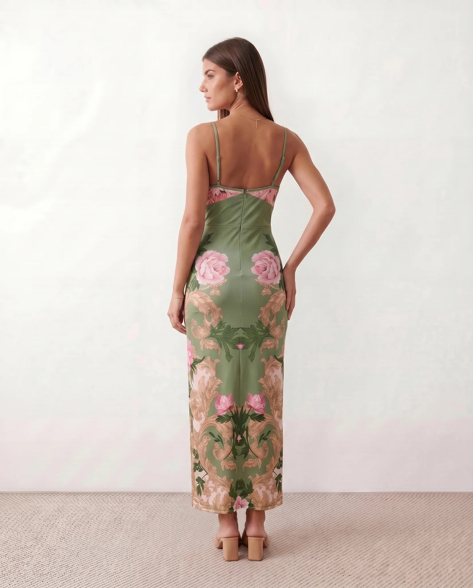 Milota Wedding Guest Glossy Maxi Dress in Floral Green — back view