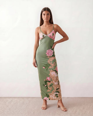 Milota Wedding Guest Glossy Maxi Dress in Floral Green — front view