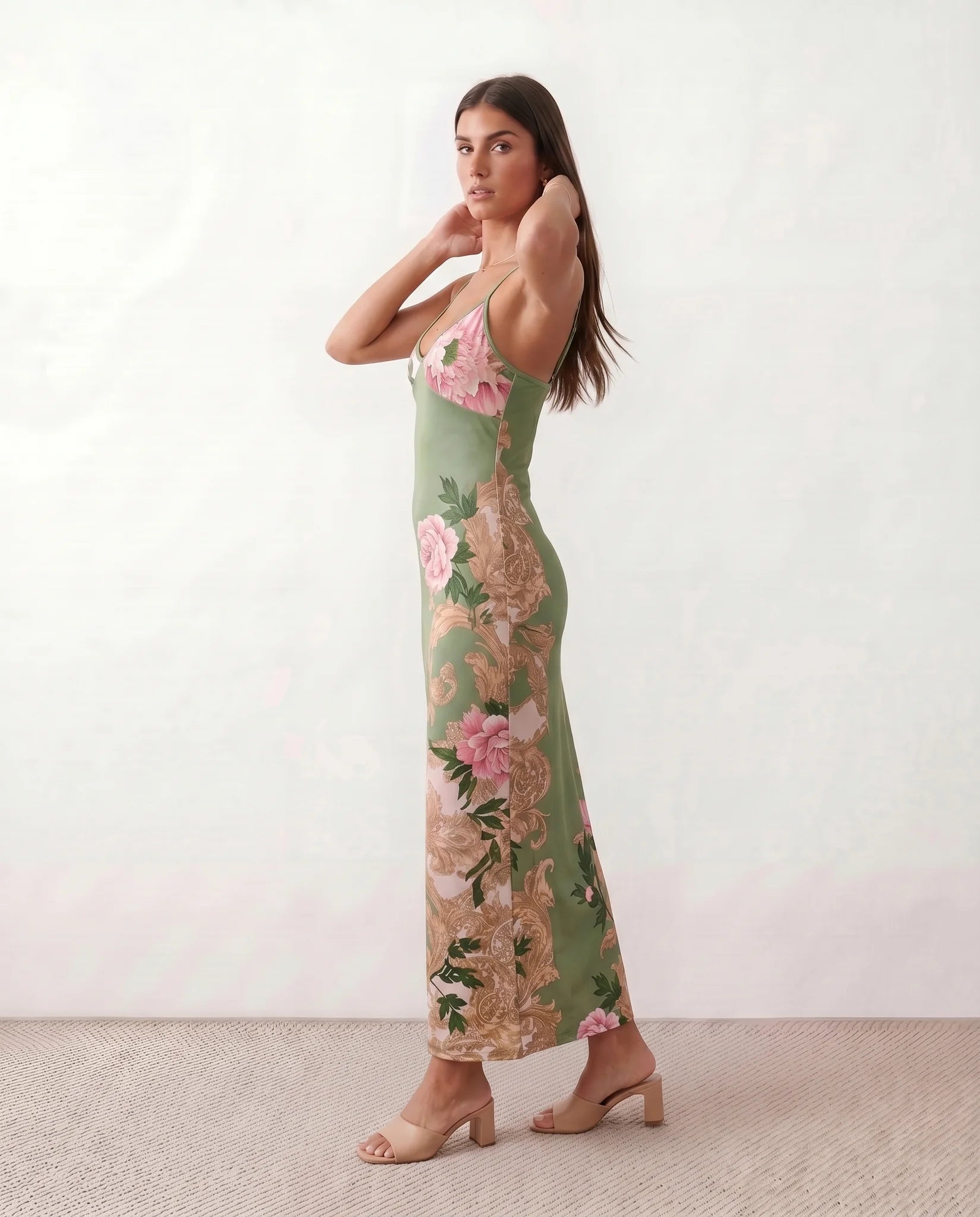 Milota Wedding Guest Glossy Maxi Dress in Floral Green — side view