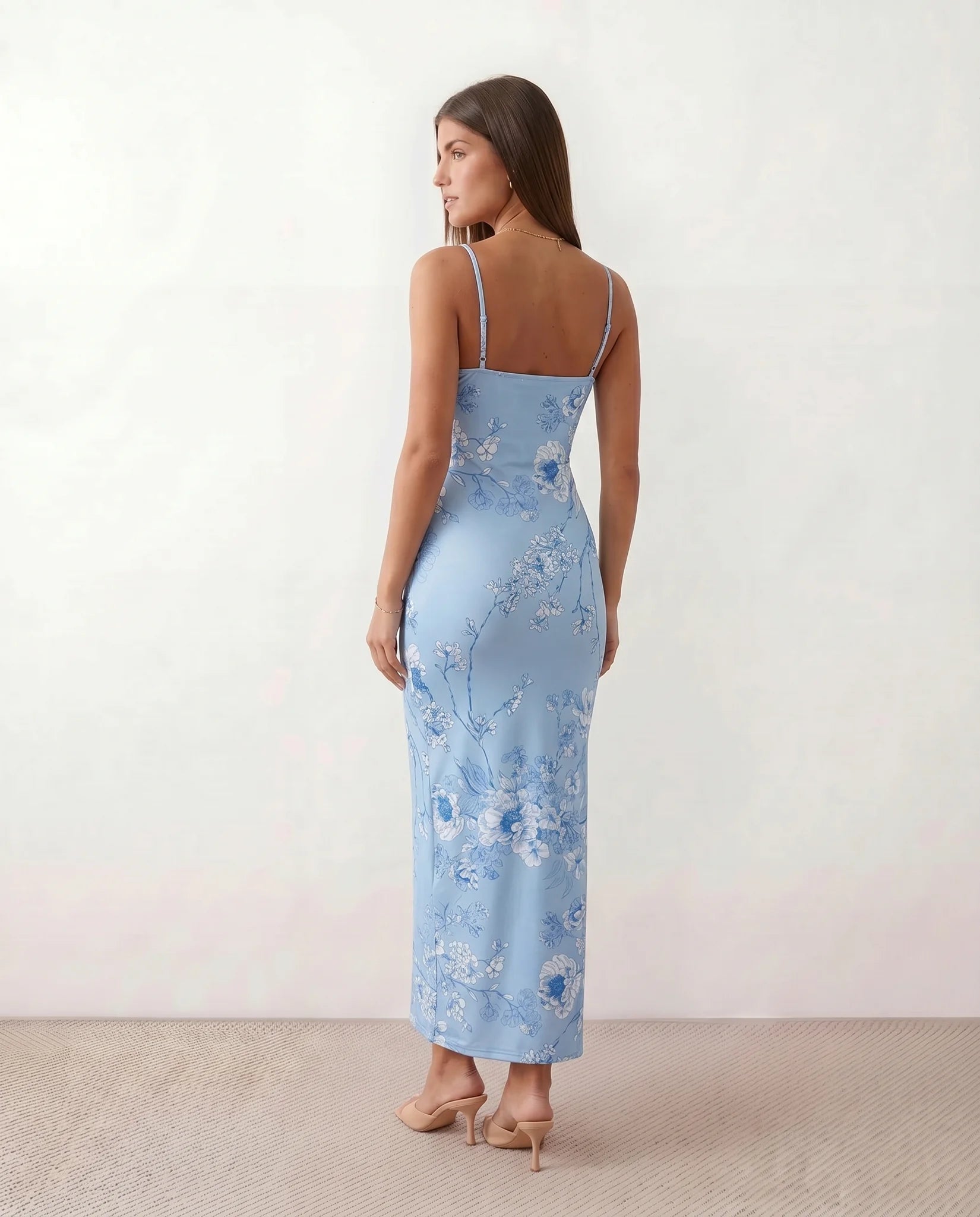 Milota Wedding Guest Glossy Maxi Dress in Floral Light Blue — back view