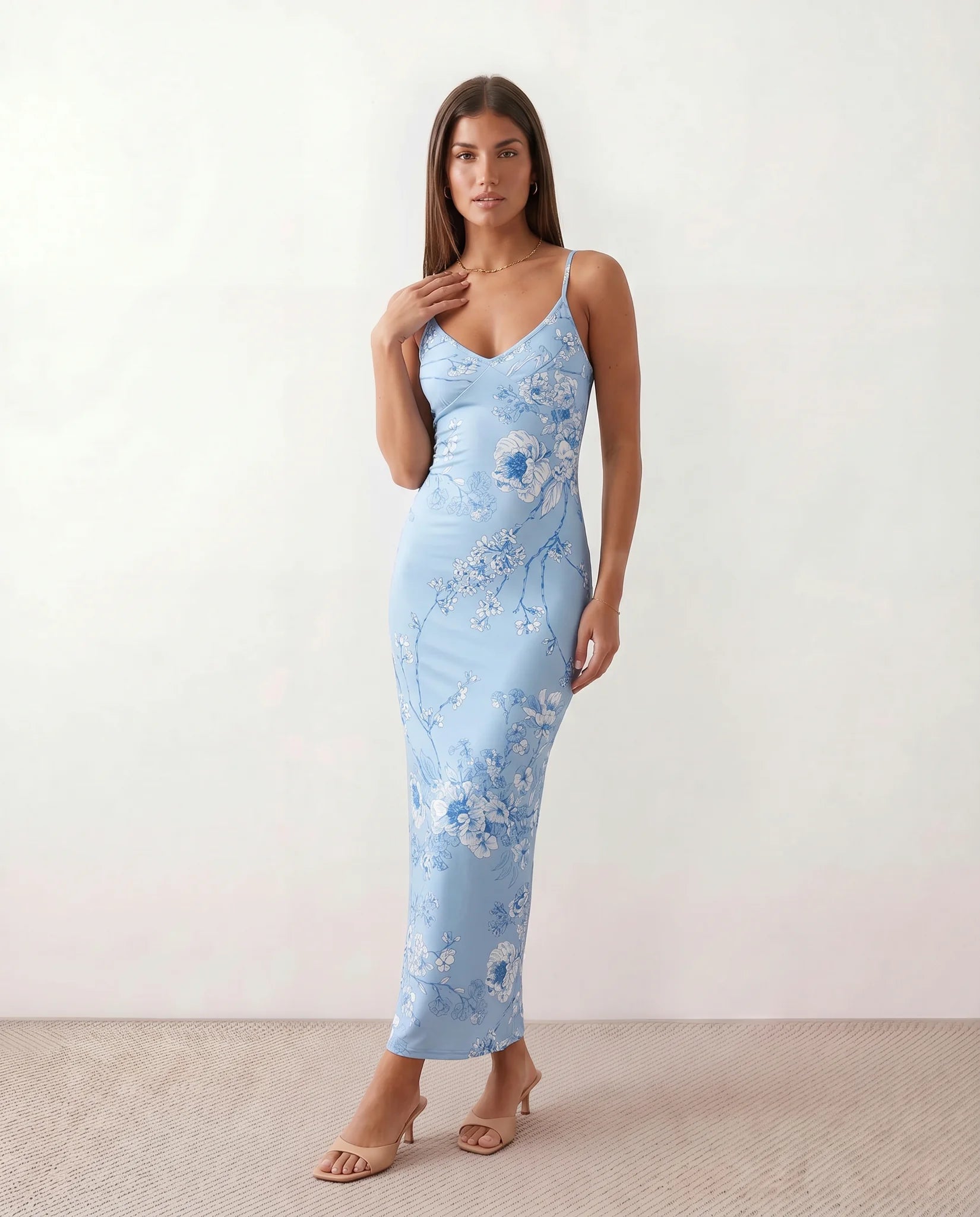 Milota Wedding Guest Glossy Maxi Dress in Floral Light Blue — front view
