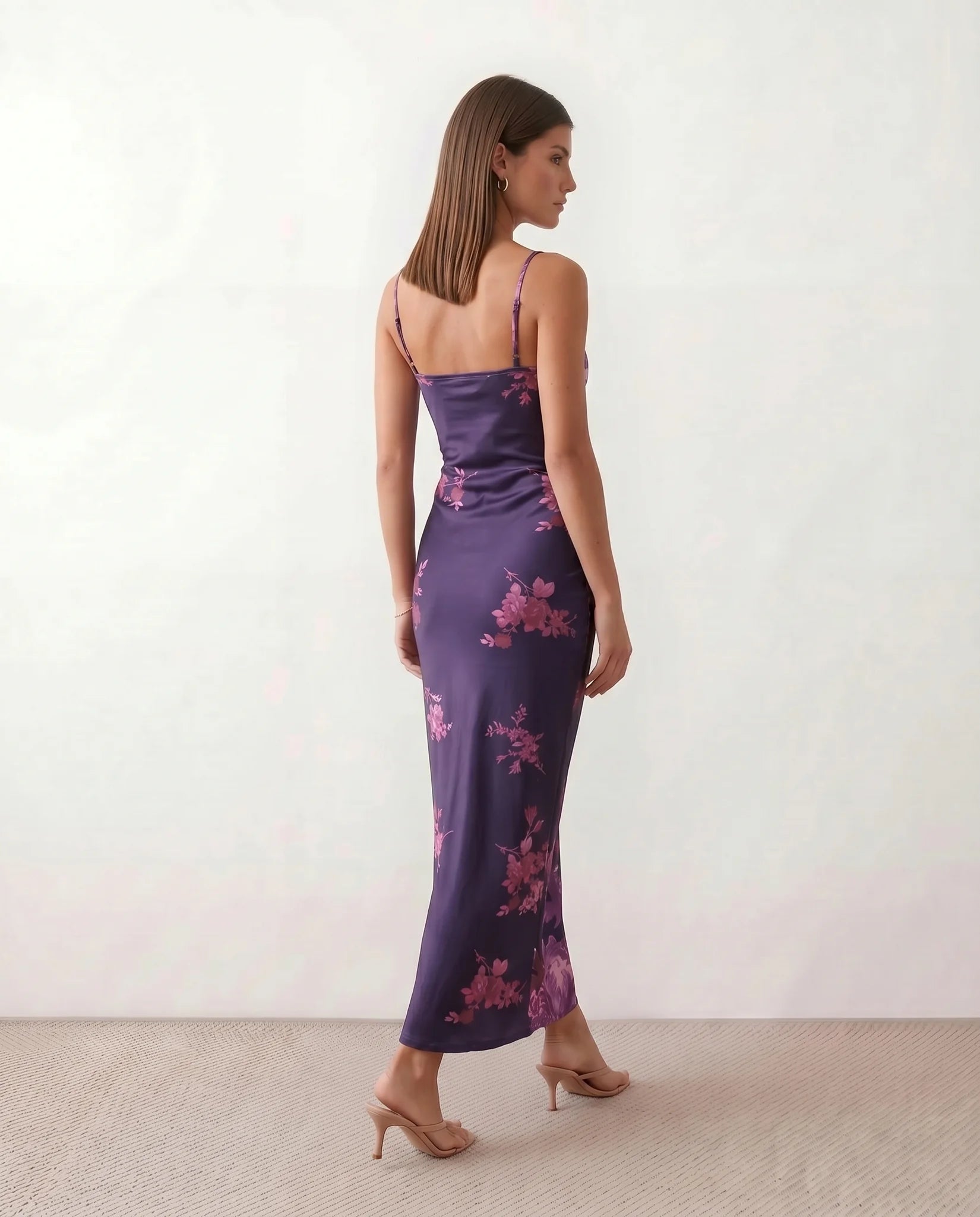 Milota Wedding Guest Glossy Maxi Dress in Floral Purple — back view